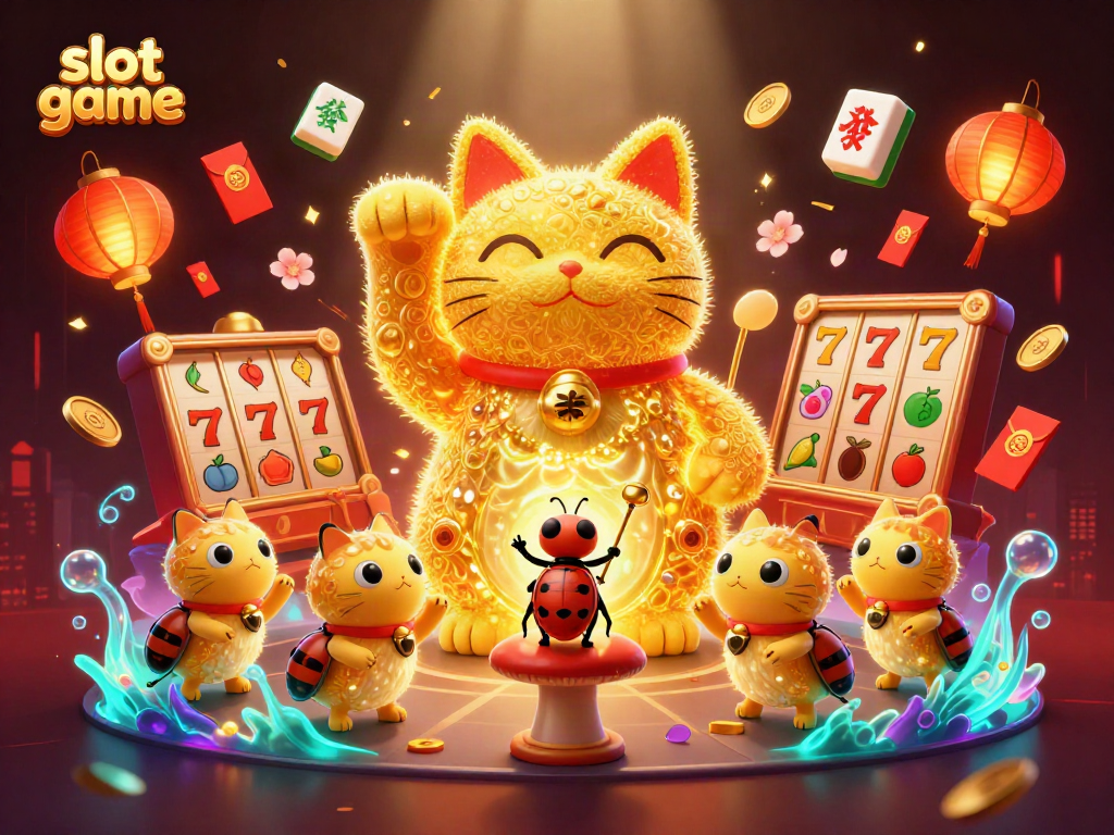 Experience thrilling slot game action with a whimsical lucky cat surrounded by vibrant symbols and festive elements.