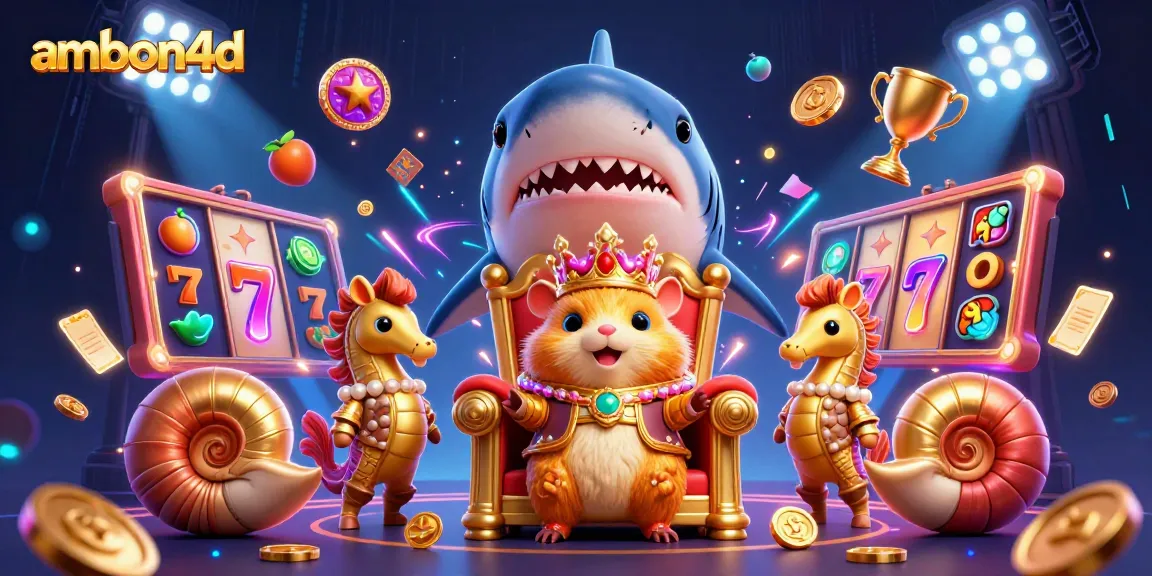 Experience the excitement of ambon4d with a vibrant scene featuring a golden hamster king and dynamic slot elements.