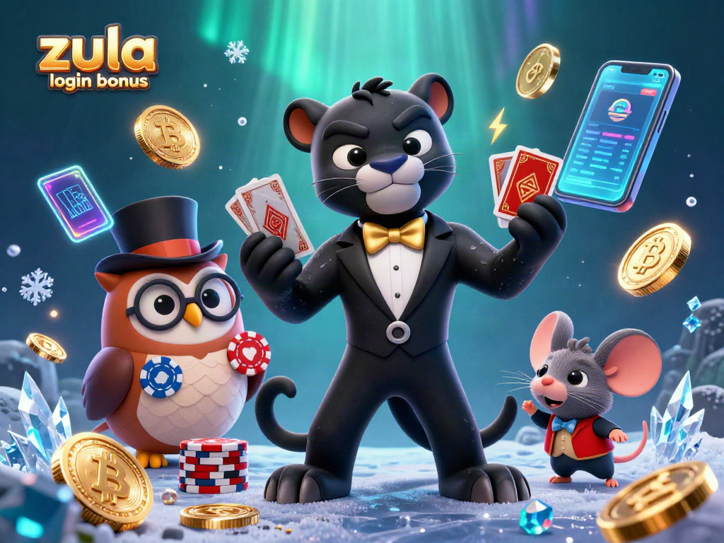 Zula casino login bonus scene with characters winning chips and coins in a vibrant casino environment.