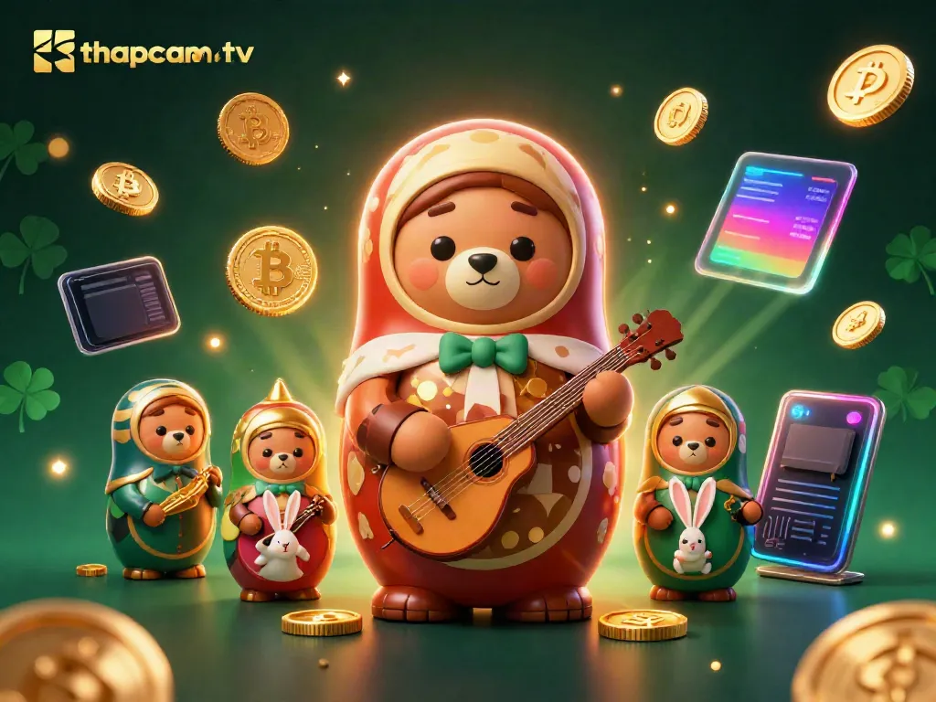 Engage with thapcamtv featuring a lively scene of Russian Matryoshka bears in casino attire with crypto elements