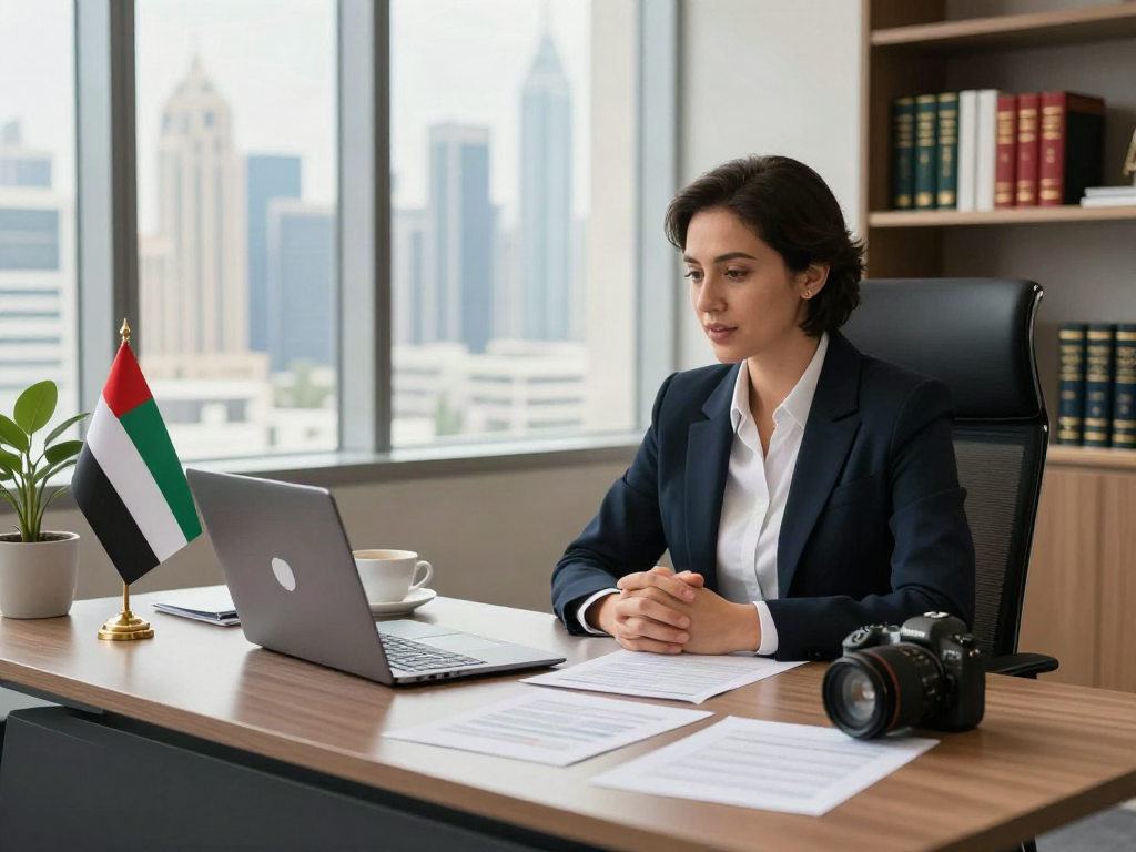 Judicial Support Services in Dubai discussed during a professional video call in a modern legal office.