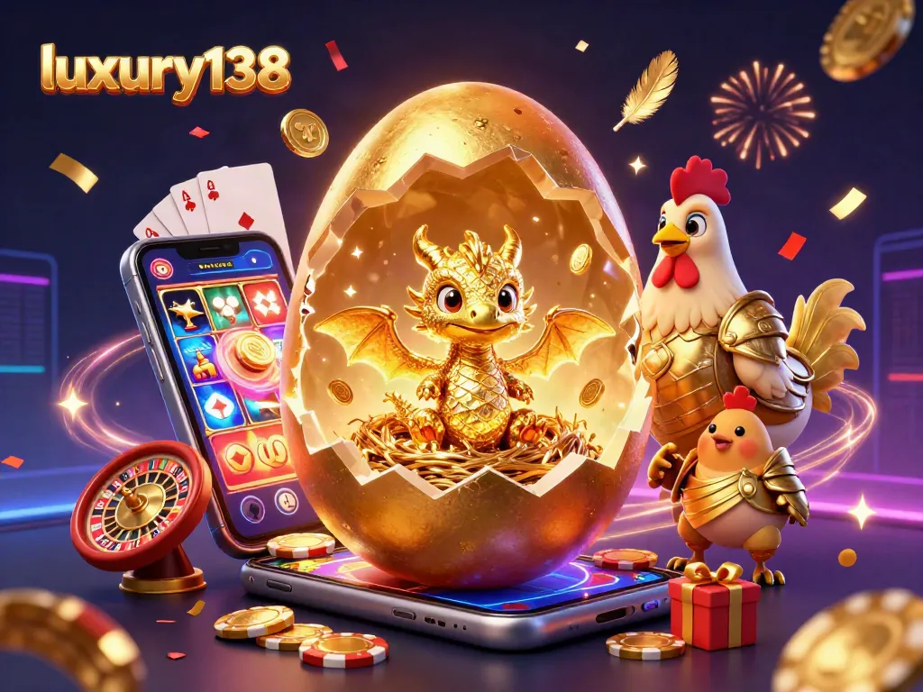 Experience luxury138's thrilling gameplay with a baby dragon guarding poker chips in a vibrant casino scene.