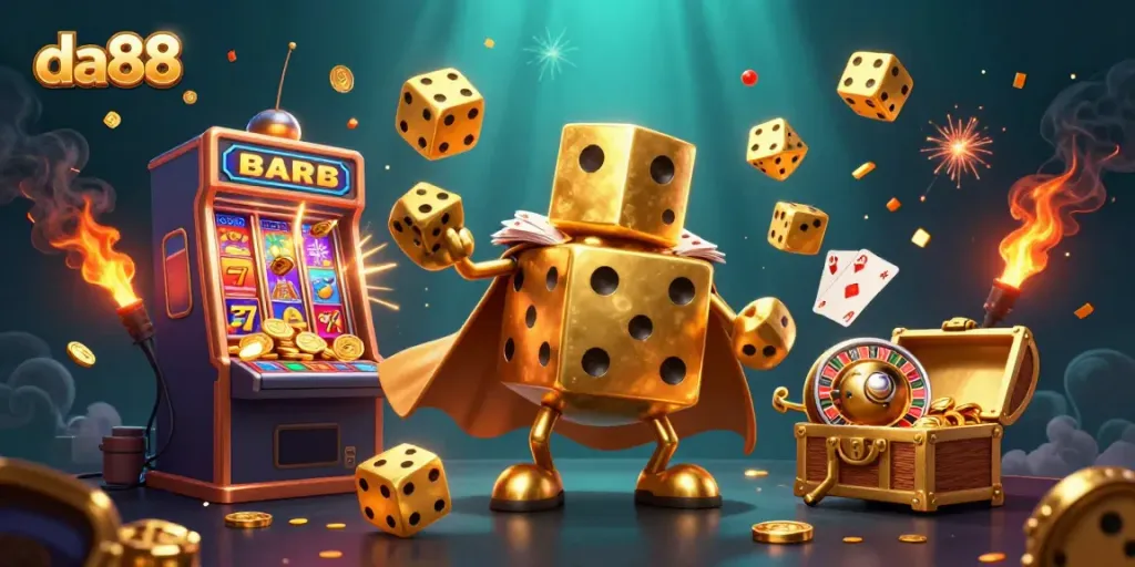 Enjoy thrilling wins at da88 with vibrant casino elements and characters in a colorful 3D scene.