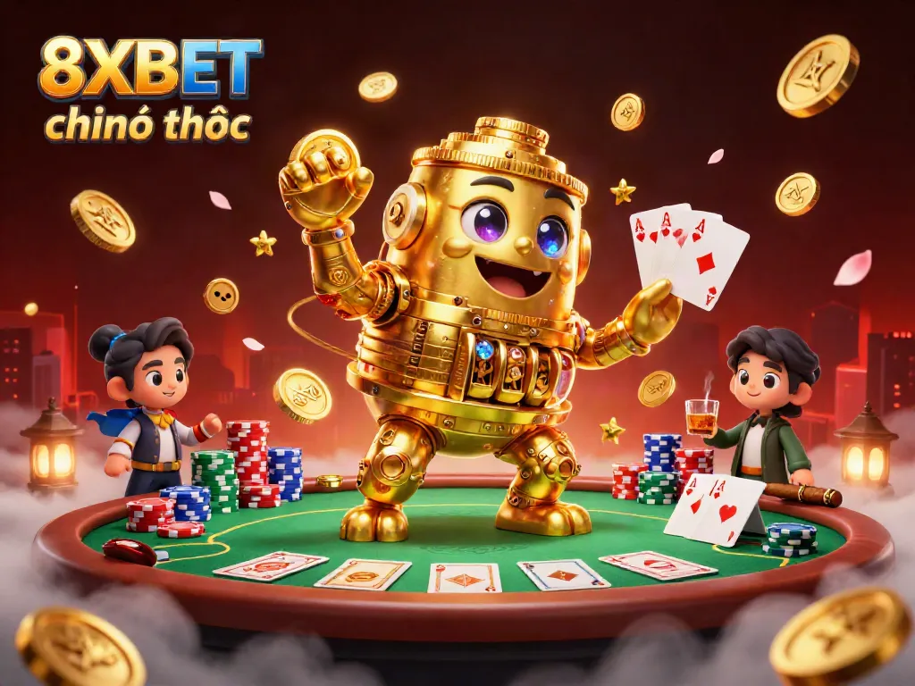 Join the excitement with the 8XBET chính thức featuring a golden golem surrounded by poker elements and vibrant casino atmosphere.