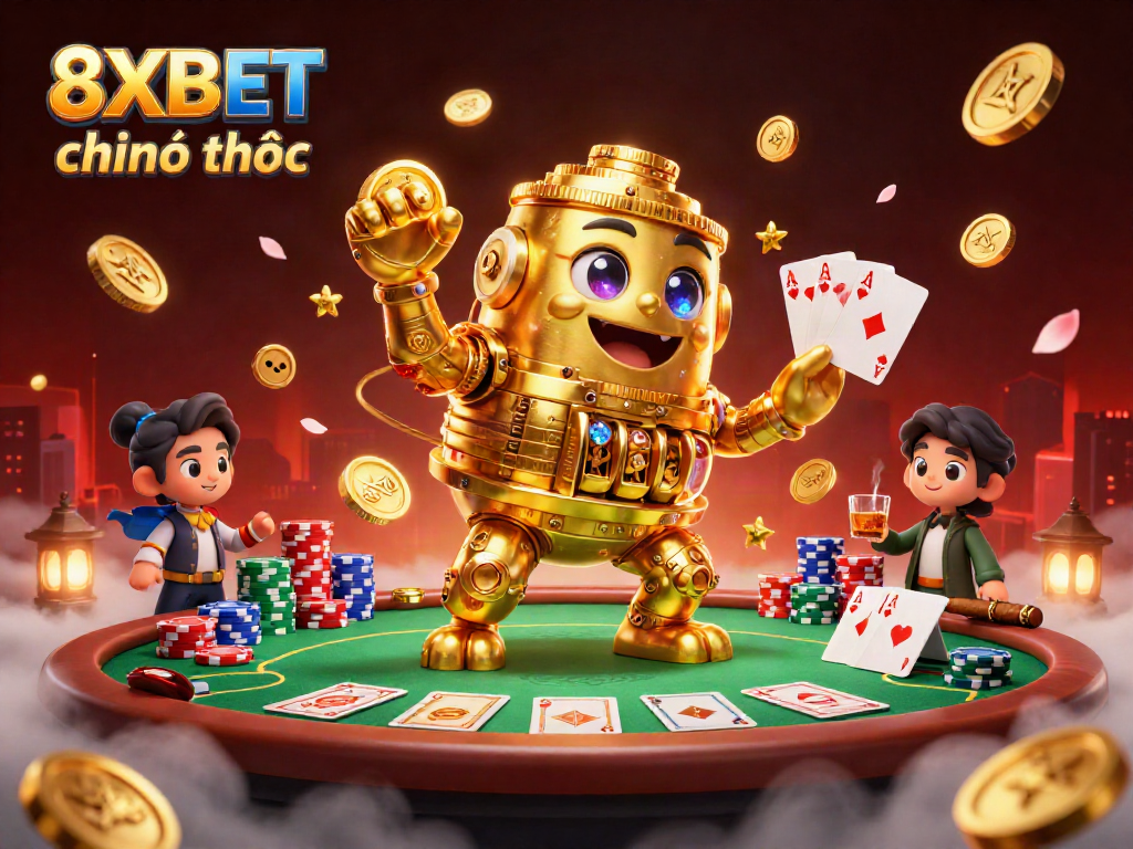 Join the excitement with the 8XBET chính thức featuring a golden golem surrounded by poker elements and vibrant casino atmosphere.