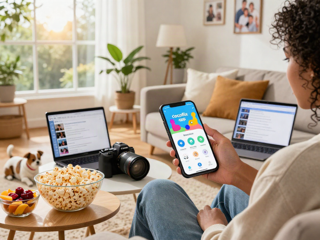 Installing cocoflix apk on smartphone in a cozy living room with vibrant decor.