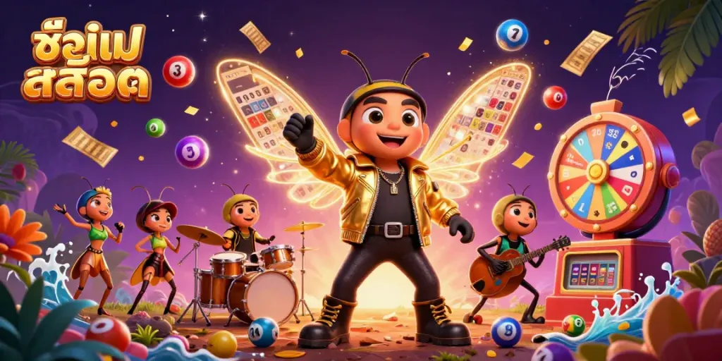 Engaging illustration showcasing ชื่อเกมสล็อต with vibrant characters and casino elements in a dynamic scene.