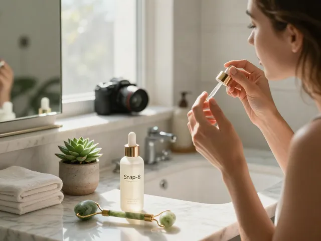 Woman applying Snap-8 serum in a tranquil bathroom setting, emphasizing skincare routine.