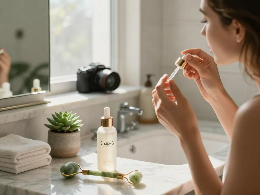 Woman applying Snap-8 serum in a tranquil bathroom setting, emphasizing skincare routine.
