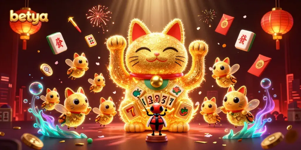 Experience the vibrant magic of betya's casino with a lucky cat surrounded by casino symbols.