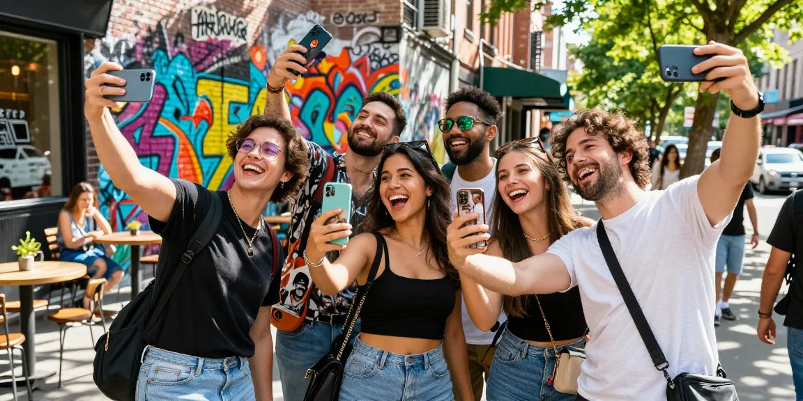 Friends enjoying a vibrant street scene comparing their celebrity look alike matches on smartphones.