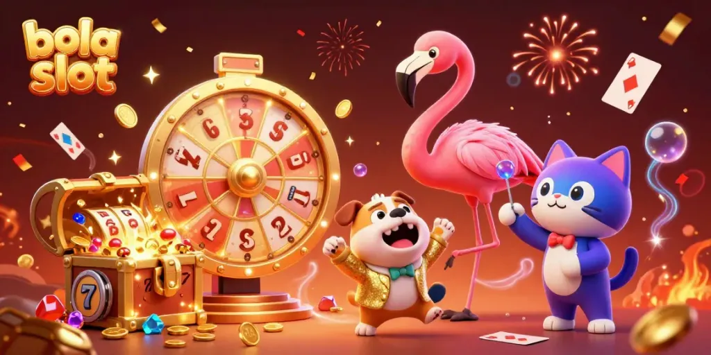 Experience the excitement of bola slot with vibrant characters and elements in a fun casino-themed illustration.
