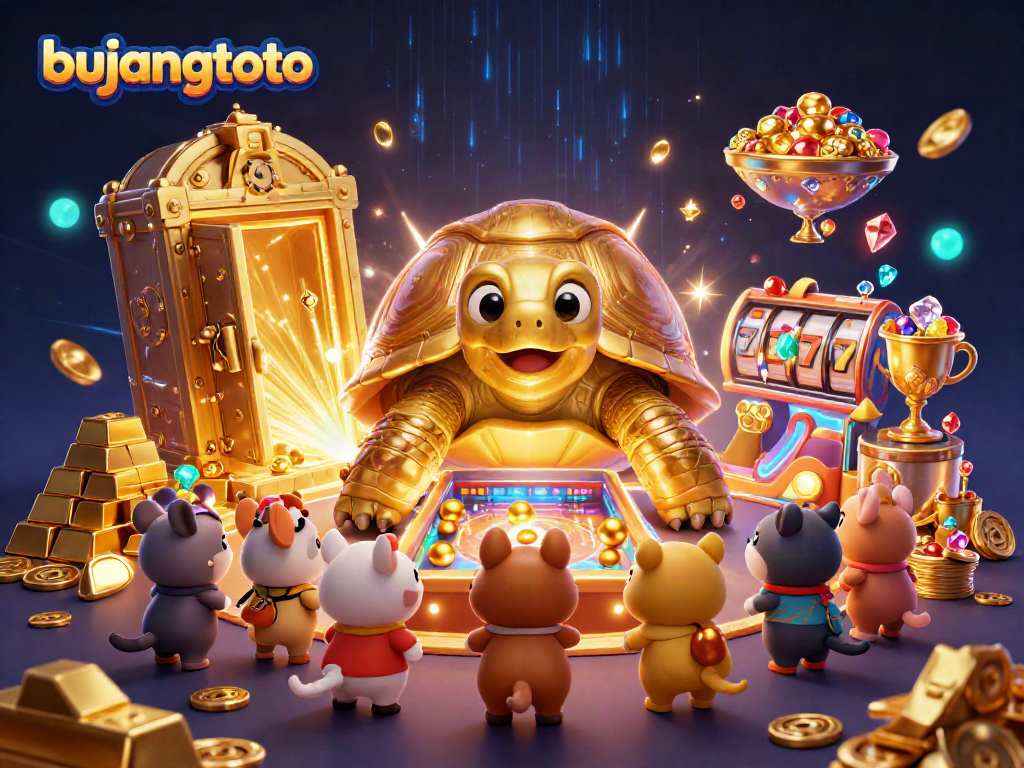 Experience the thrill of bujangtoto with a colossal pinball machine tortoise surrounded by treasures and slot elements