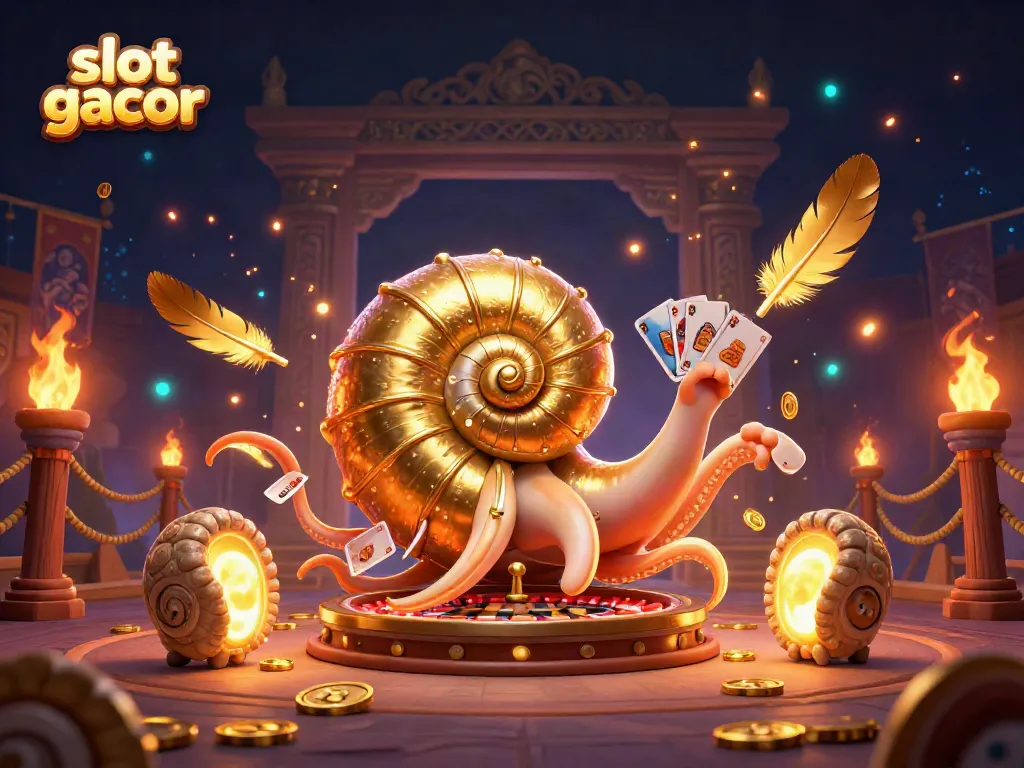 Experience the excitement of slot gacor with a festive 3D casino scene featuring a giant nautilus roulette wheel.
