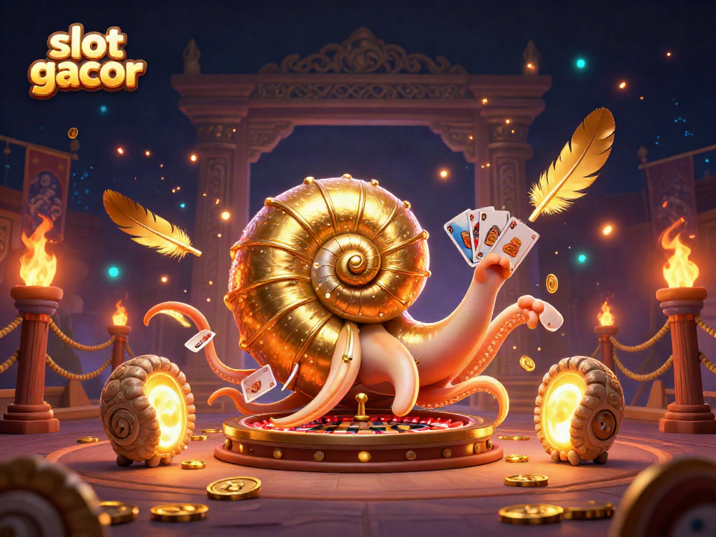 Experience the excitement of slot gacor with a festive 3D casino scene featuring a giant nautilus roulette wheel.