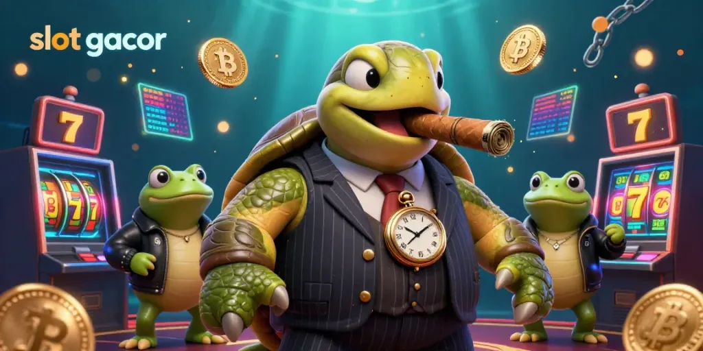 Engage with the exhilarating slot gacor atmosphere featuring a massive turtle in a mobster outfit surrounded by vibrant casino elements.