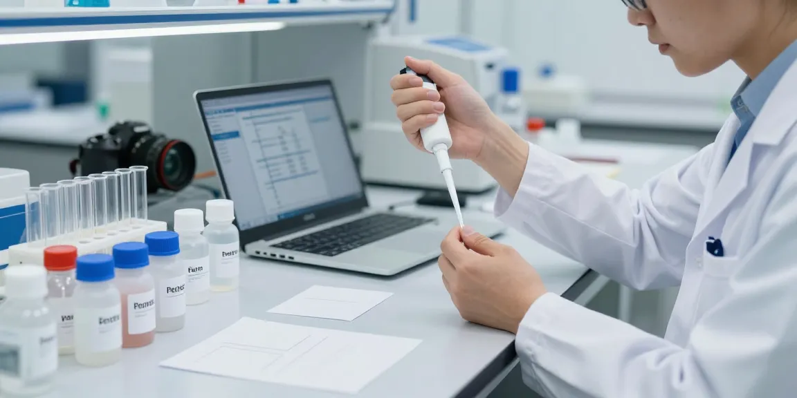 Research scientist examining pure pep research peptides in a lab.