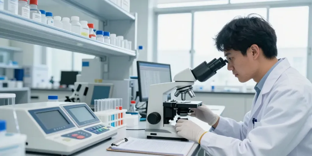 Researcher in a modern lab examines peptides while comparing prices at a peptides shop.