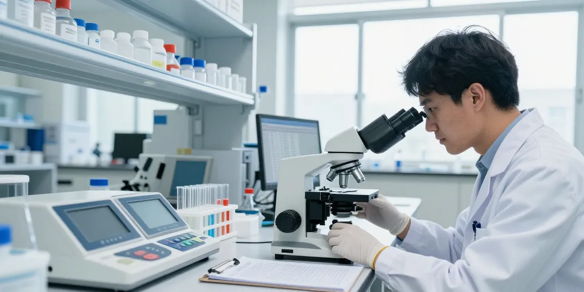 Researcher in a modern lab examines peptides while comparing prices at a peptides shop.