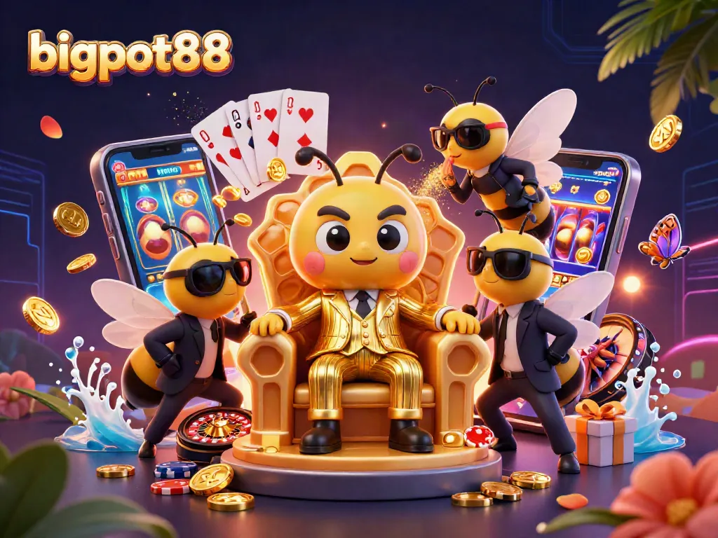 Menangkan slot game menarik di bigpot88 dengan ilustrasi kasino yang penuh warna dan dinamis.