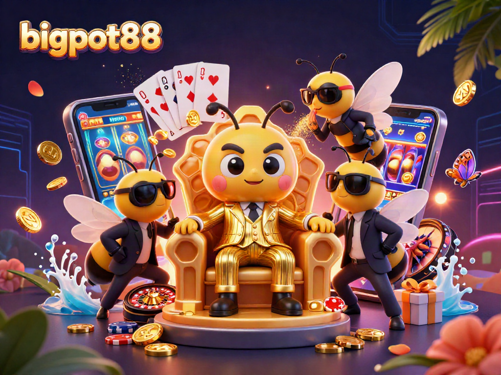 Menangkan slot game menarik di bigpot88 dengan ilustrasi kasino yang penuh warna dan dinamis.