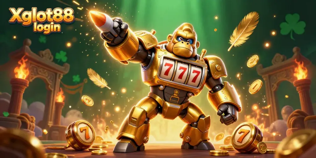 Gambarkan Xgslot88 login dengan gorila emas dan simbol slot di arena bertarung.
