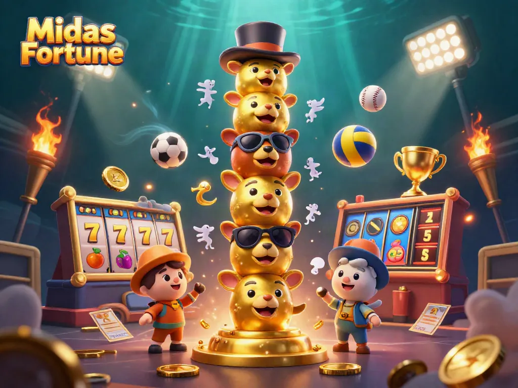 Midas Fortune slot game featuring vibrant 3D illustration with golden elements and animated sports balls.