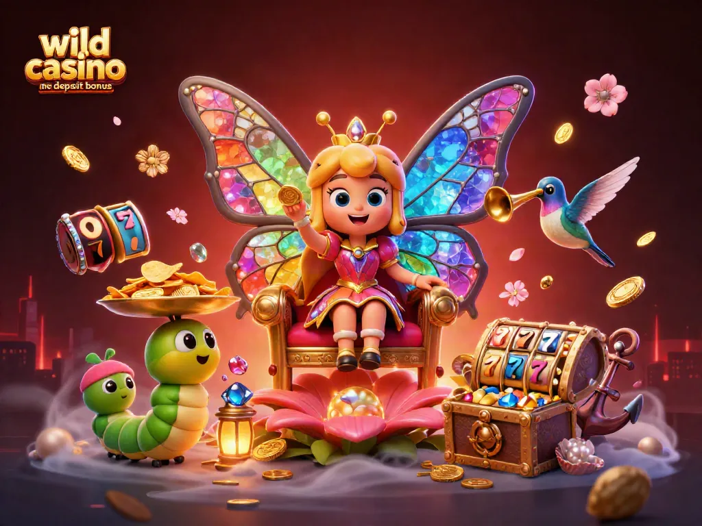 Engage with the wild casino no deposit bonus through an animated scene featuring a colorful butterfly queen and vibrant casino elements.
