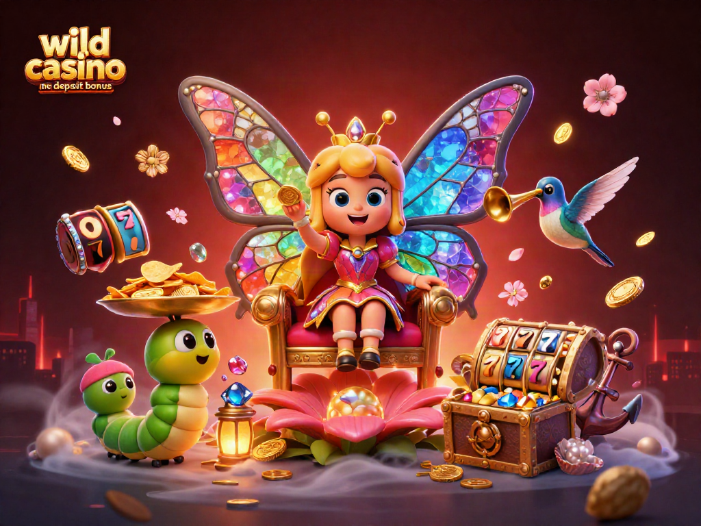 Engage with the wild casino no deposit bonus through an animated scene featuring a colorful butterfly queen and vibrant casino elements.