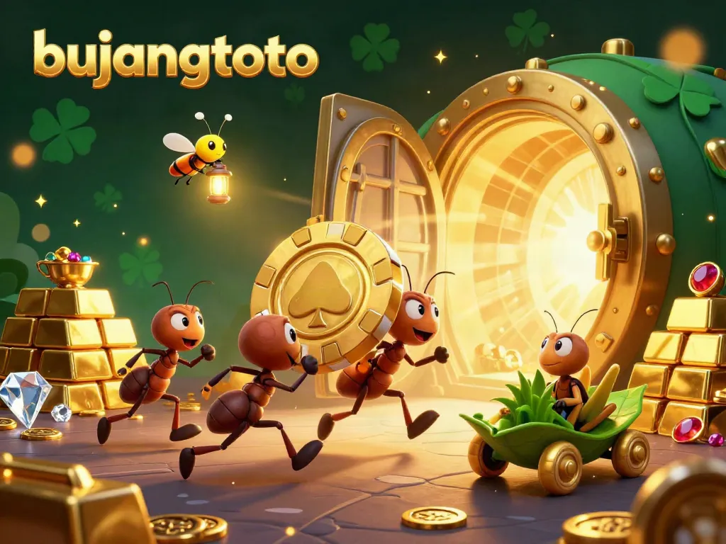 Experience the excitement of bujangtoto with a heist scene featuring cartoon ants and dazzling treasure.