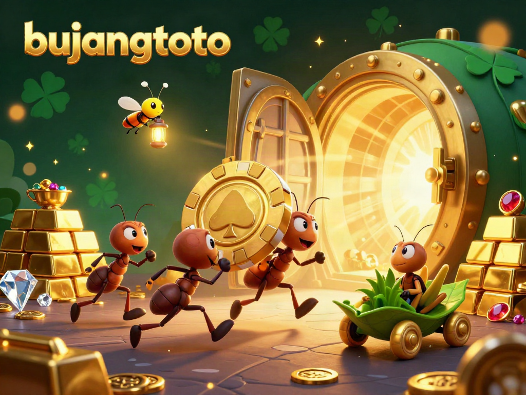 Experience the excitement of bujangtoto with a heist scene featuring cartoon ants and dazzling treasure.
