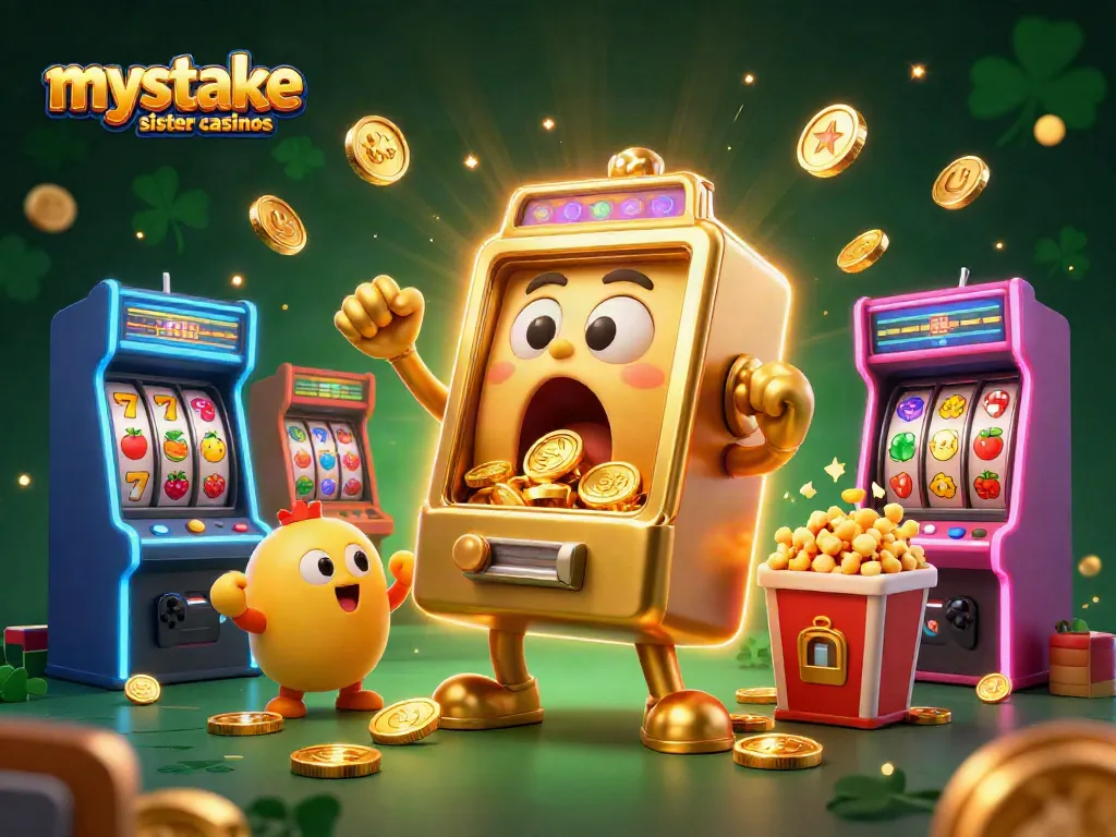 Experience jackpots and excitement with mystake sister casinos in a vibrant, colorful casino scene.