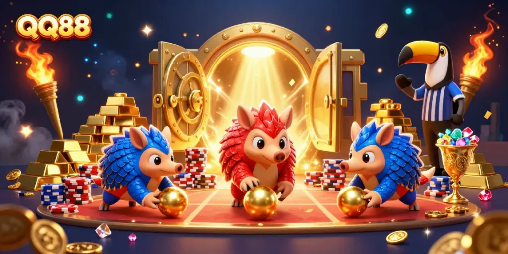 Experience lively action with QQ88 as rival pangolins bowl through poker chips in a vibrant casino scene.