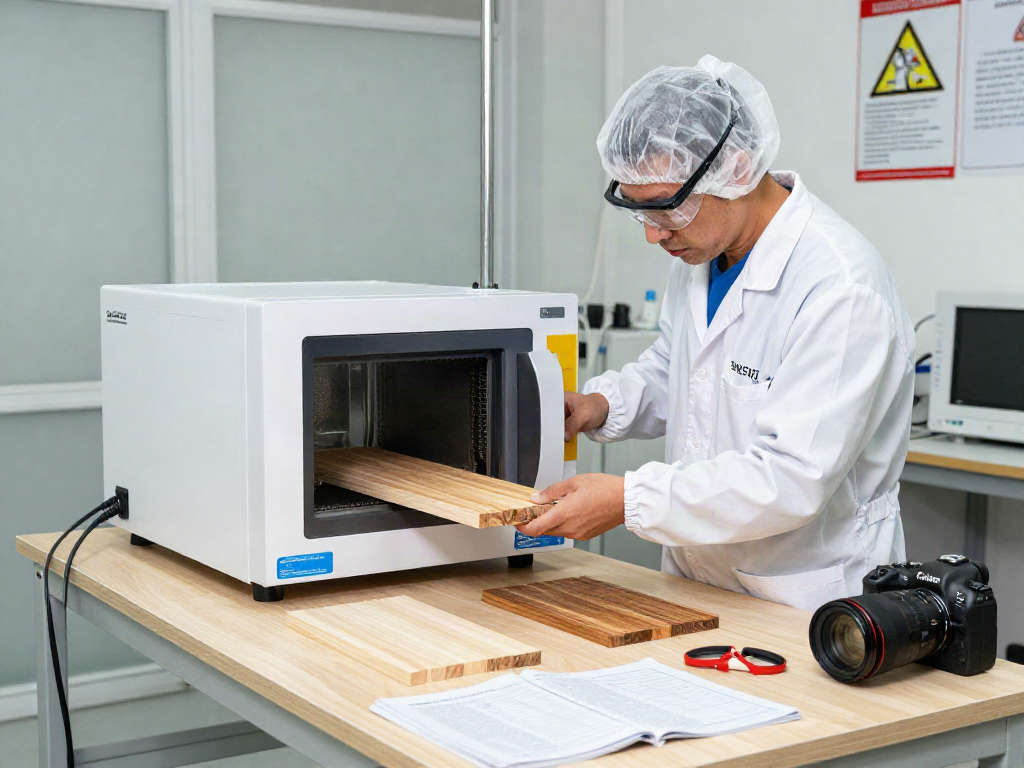 SHASHEL® technician using microwave equipment for eco-friendly wood insect elimination.