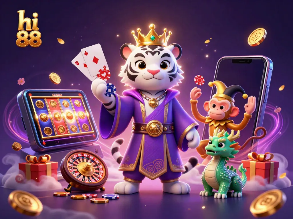 Engage with hi 88’s thrilling 3D illustration showcasing vibrant casino elements, including vibrant slot games and playful characters.