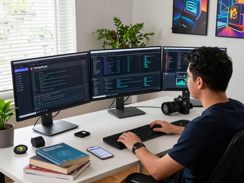 Crypto enthusiast analyzing Tornado Cash data on multiple monitors in a modern workspace