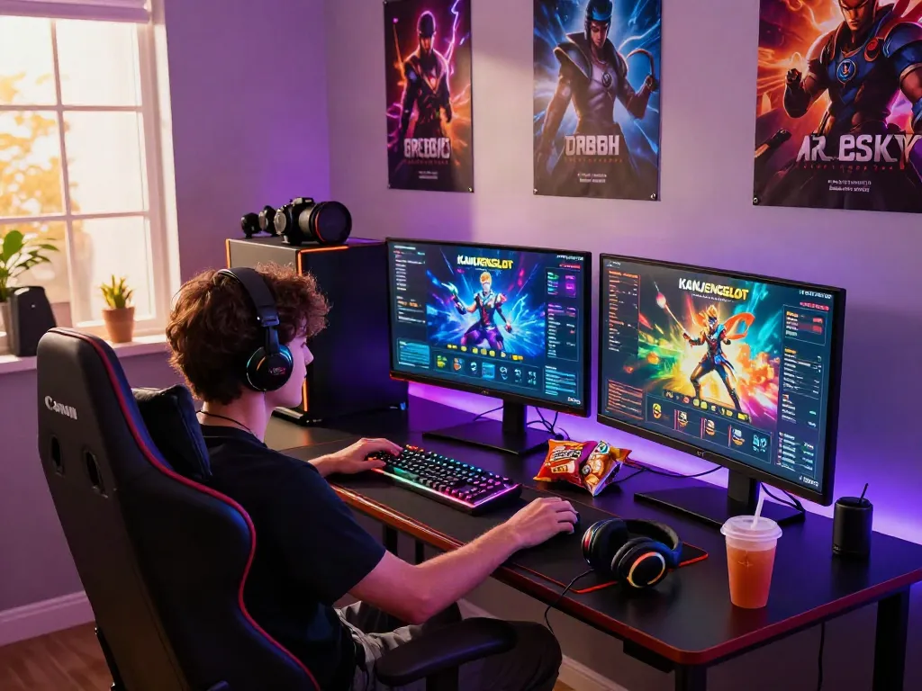 Pengaturan gaming KANJENGSLOT dengan monitor, keyboard RGB, dan suasana dinamis untuk pengalaman bermain yang menyenangkan.