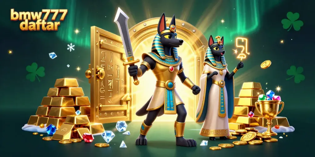 Mainkan bmw777 daftar dengan ilustrasi karakter Anubis dan Bastet di tengah tumpukan harta karun.
