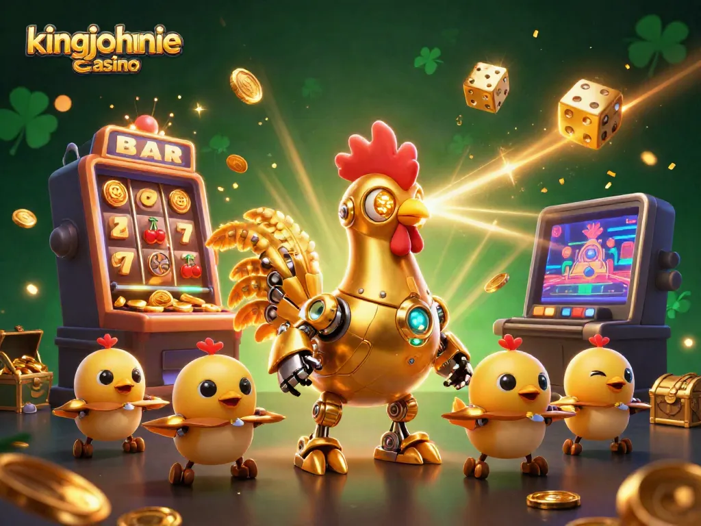 Experience the excitement at kingjohnnie casino with vibrant 3D characters, slot machines, and a bustling gaming atmosphere.