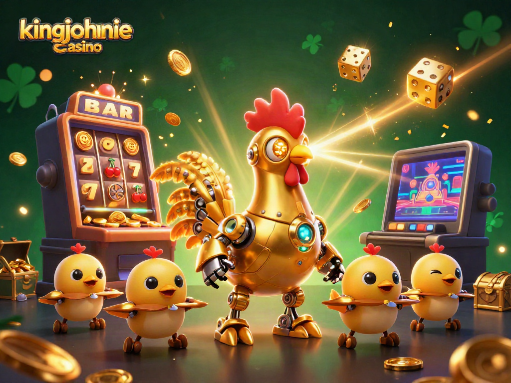 Experience the excitement at kingjohnnie casino with vibrant 3D characters, slot machines, and a bustling gaming atmosphere.