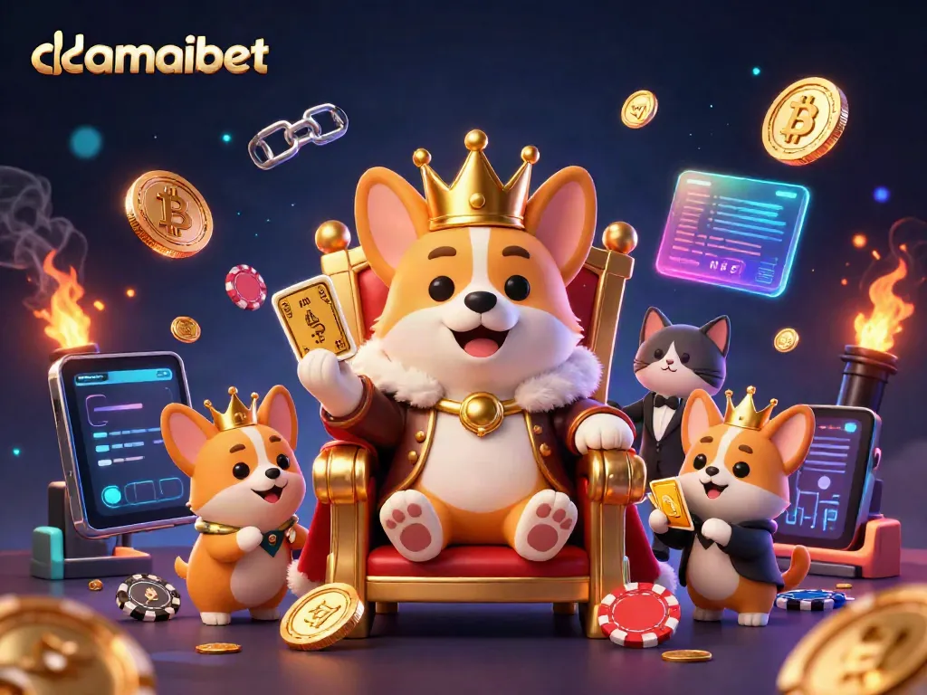 Engaging illustration of damaibet featuring a royal corgi on poker chips with crypto elements symbolizing online gaming.