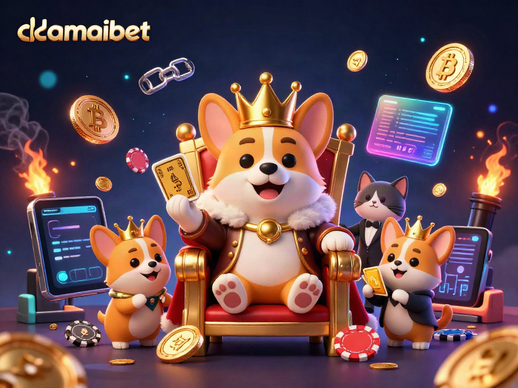 Engaging illustration of damaibet featuring a royal corgi on poker chips with crypto elements symbolizing online gaming.