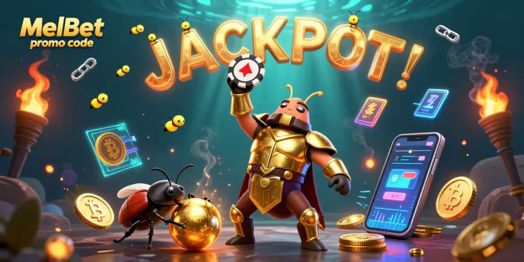 Join the excitement with the MelBet promo code, as a victorious beetle lifts a poker chip in a dynamic casino scene.