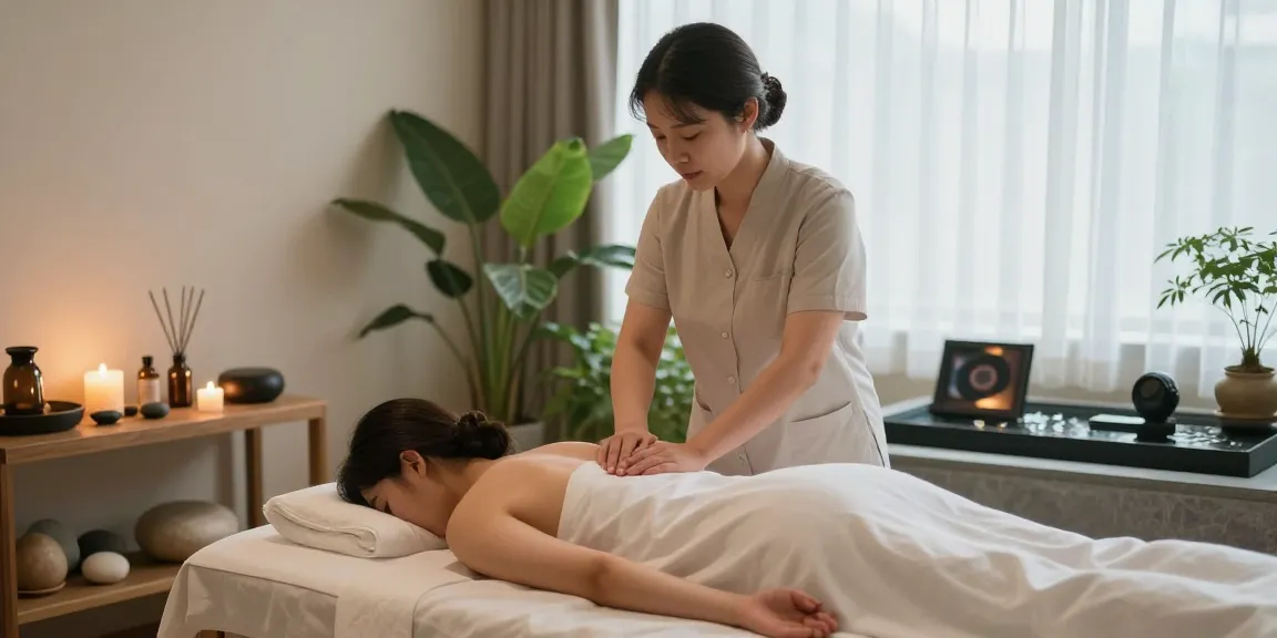 Experience a soothing 성북구출장마사지 in a tranquil wellness retreat, with calming elements enhancing relaxation.