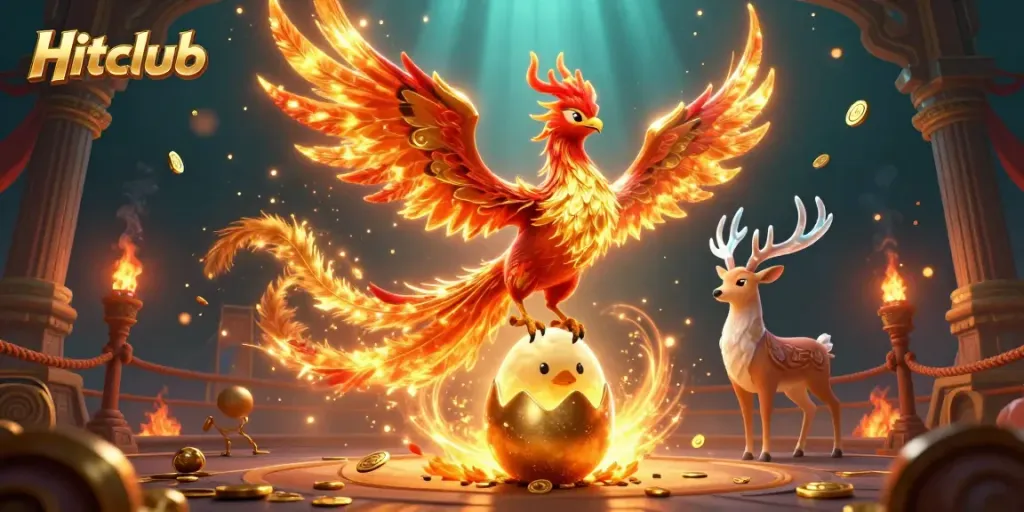 Hitclub showcases thrilling gameplay with golden phoenix and mystical stag amidst swirling particles and casino elements.