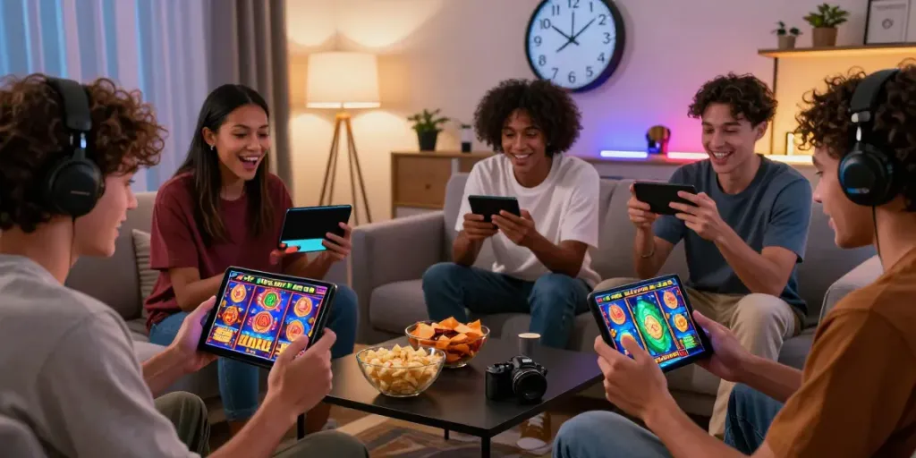 Engaged players enjoying PG SOFT slots online, emphasizing excitement and community in the vibrant gaming atmosphere.