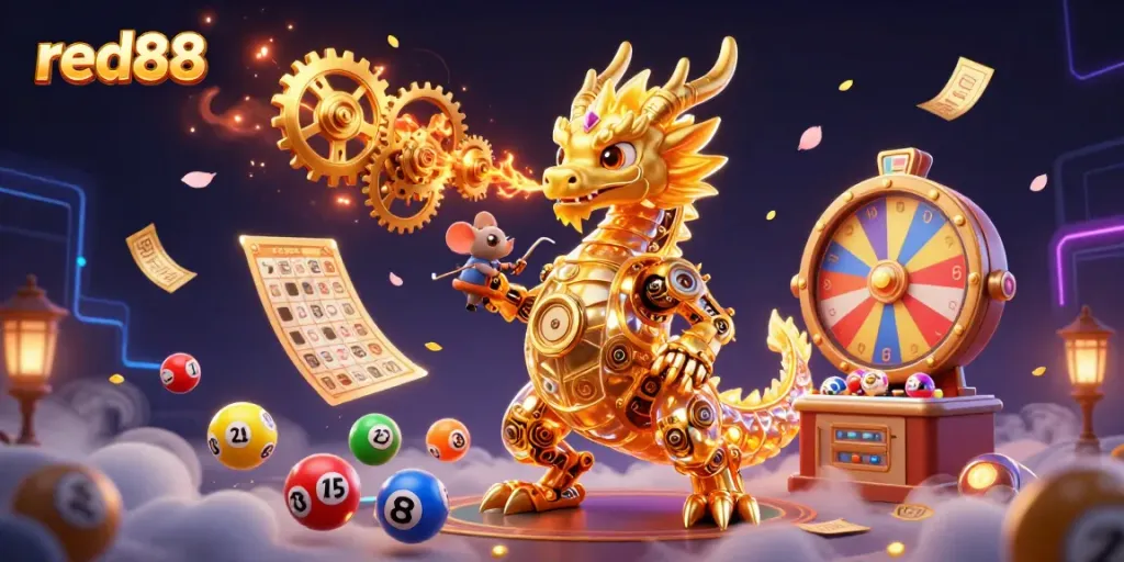 Engage in thrilling gaming with red88, featuring a golden dragon and vibrant gaming elements in action.