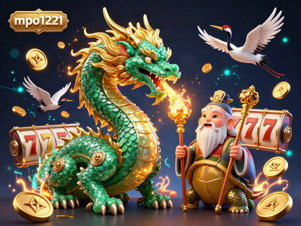 Experience thrilling gameplay with mpo1221's dynamic visual featuring dragons, gold coins, and lucky symbols.