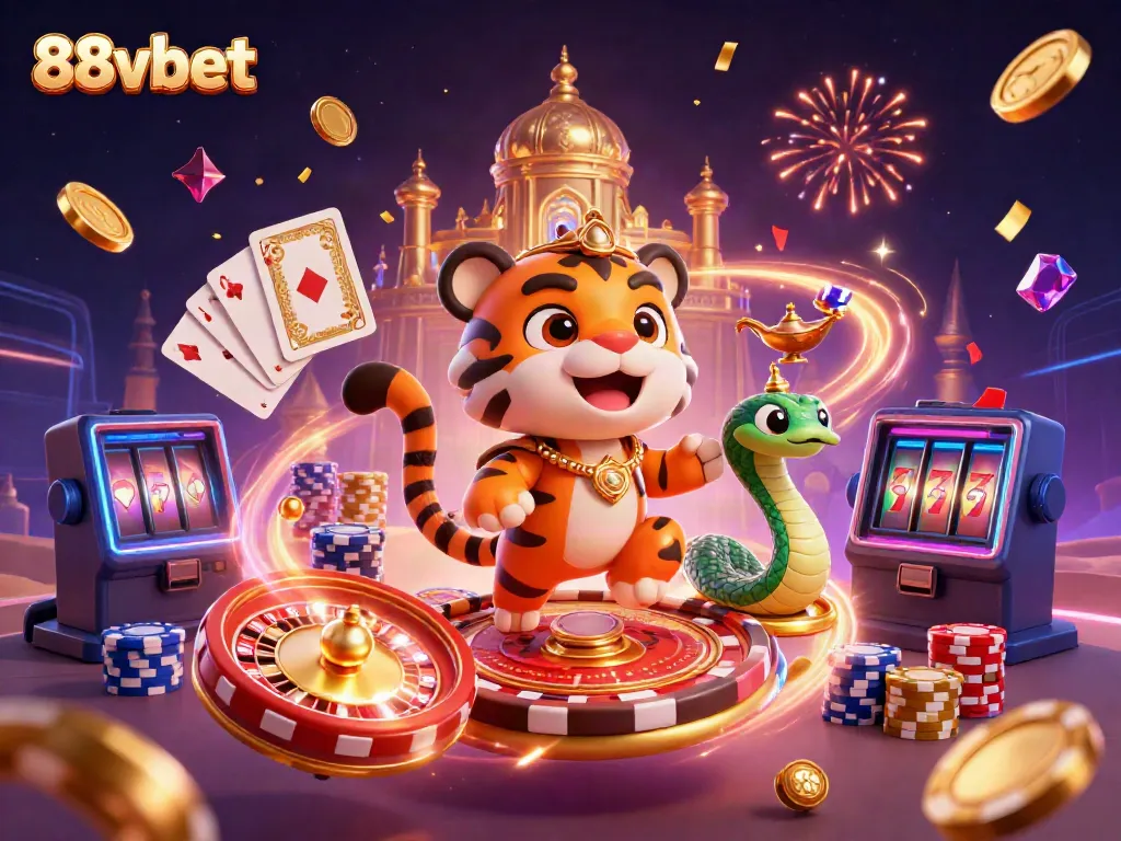 Join the 88vbet adventure with a vibrant illustration showcasing a tiger sultan riding a carpet of poker chips amidst a casino-themed landscape.