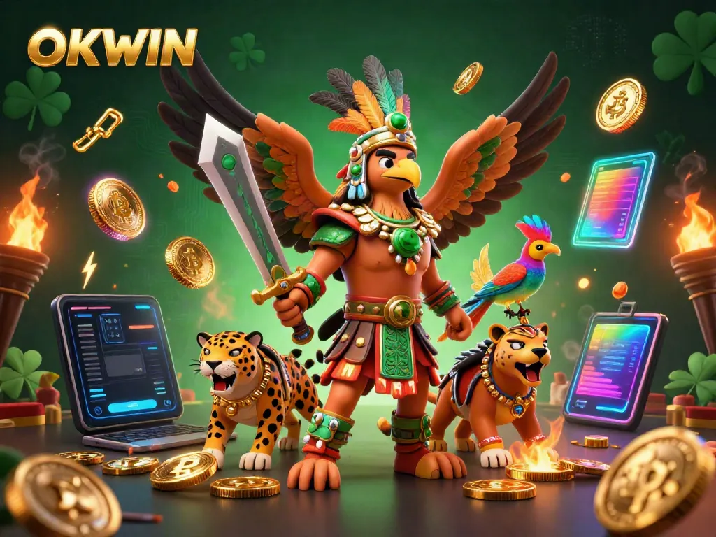 Engage in the excitement at OKWIN with Aztec warriors and crypto elements in a vibrant casino atmosphere.